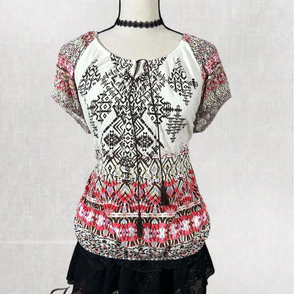 Y2K boho fairycore blouse with black, white, and red geometric tribal print